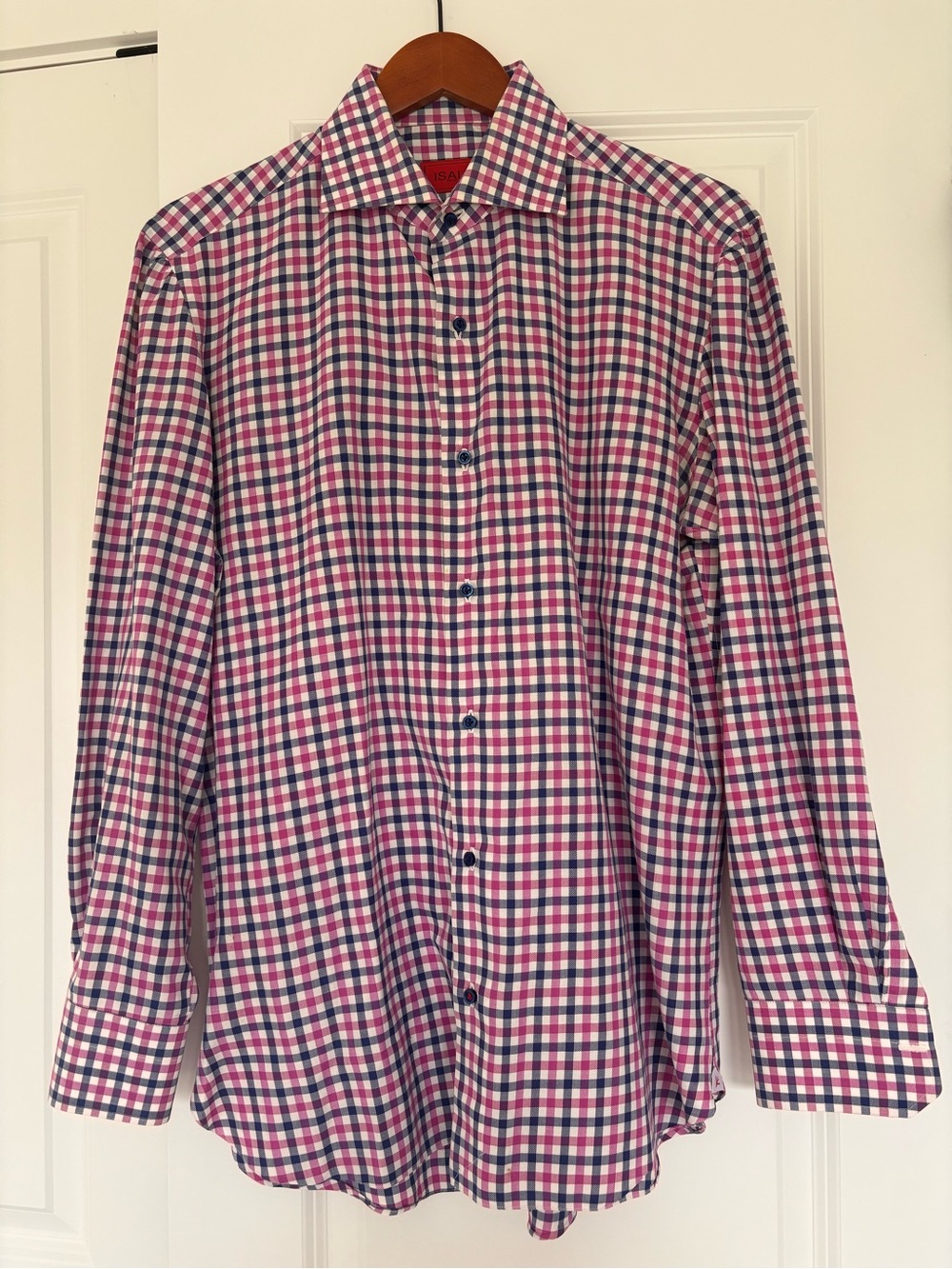 Isaia Napoli Pink and Navy Check Dress Shirt